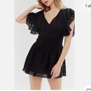 Urban Outfitters UO Cassie Embroidered Eyelet Tie-Back Romper Pleated Black